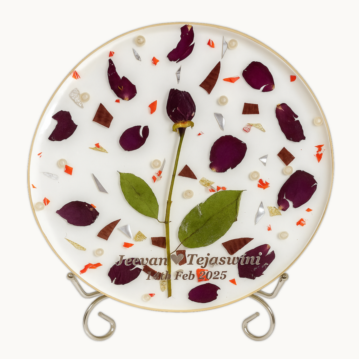 Resin 8inch round with Single Rose & Petals with chocklate rape also Flowers Preservation