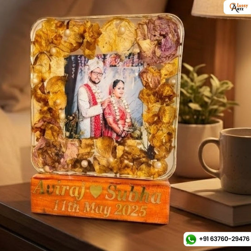 Resinn 6 inch block with Couple photo & Name date with LED stand Varmala Preservation