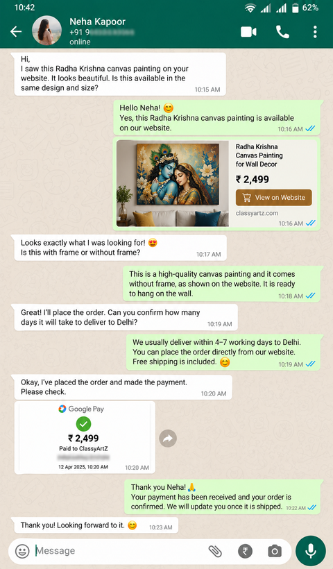 WhatsApp message from a Classy Artz customer