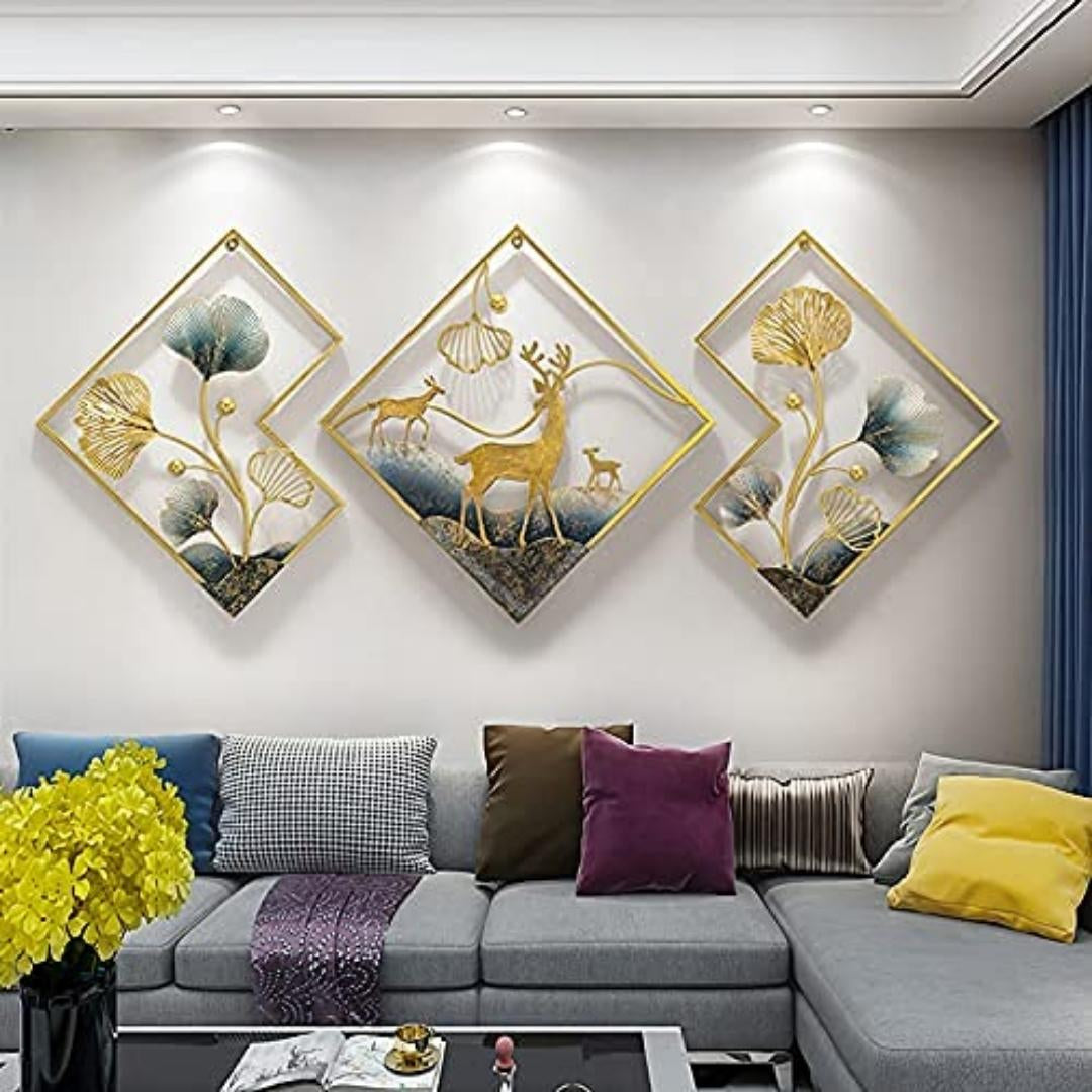 Modern Big Deer Frame Metal Wall Art for Living Room | Gold and Blue Ginkgo Leaves Metal Wall Decor for Bedroom (Set of 3 Pcs) (Size 48*21 Inches )