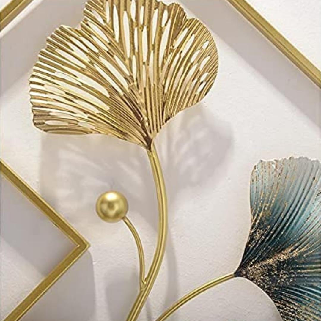 Modern Big Deer Frame Metal Wall Art for Living Room | Gold and Blue Ginkgo Leaves Metal Wall Decor for Bedroom (Set of 3 Pcs) (Size 48*21 Inches )