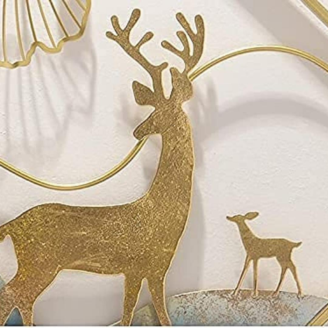 Modern Big Deer Frame Metal Wall Art for Living Room | Gold and Blue Ginkgo Leaves Metal Wall Decor for Bedroom (Set of 3 Pcs) (Size 48*21 Inches )