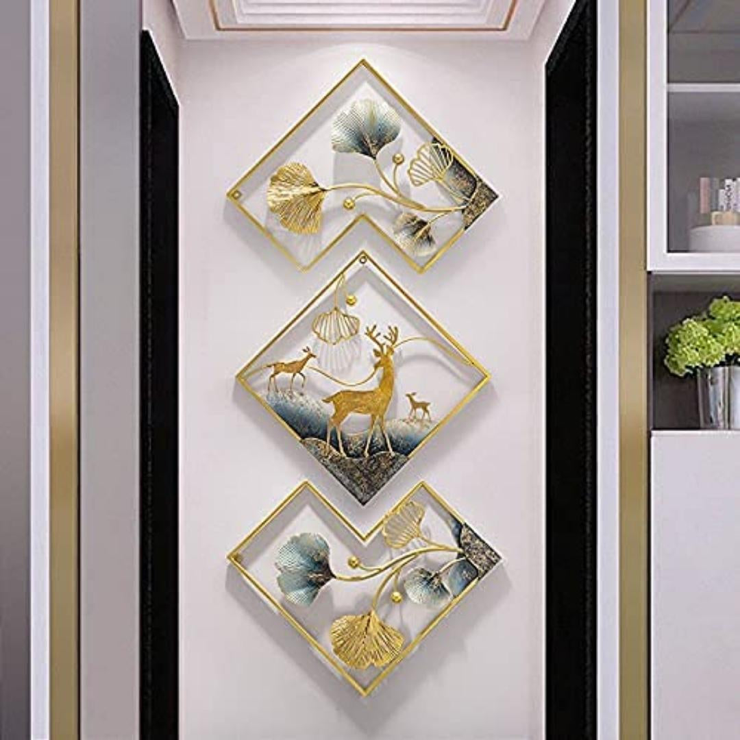 Modern Big Deer Frame Metal Wall Art for Living Room | Gold and Blue Ginkgo Leaves Metal Wall Decor for Bedroom (Set of 3 Pcs) (Size 48*21 Inches )