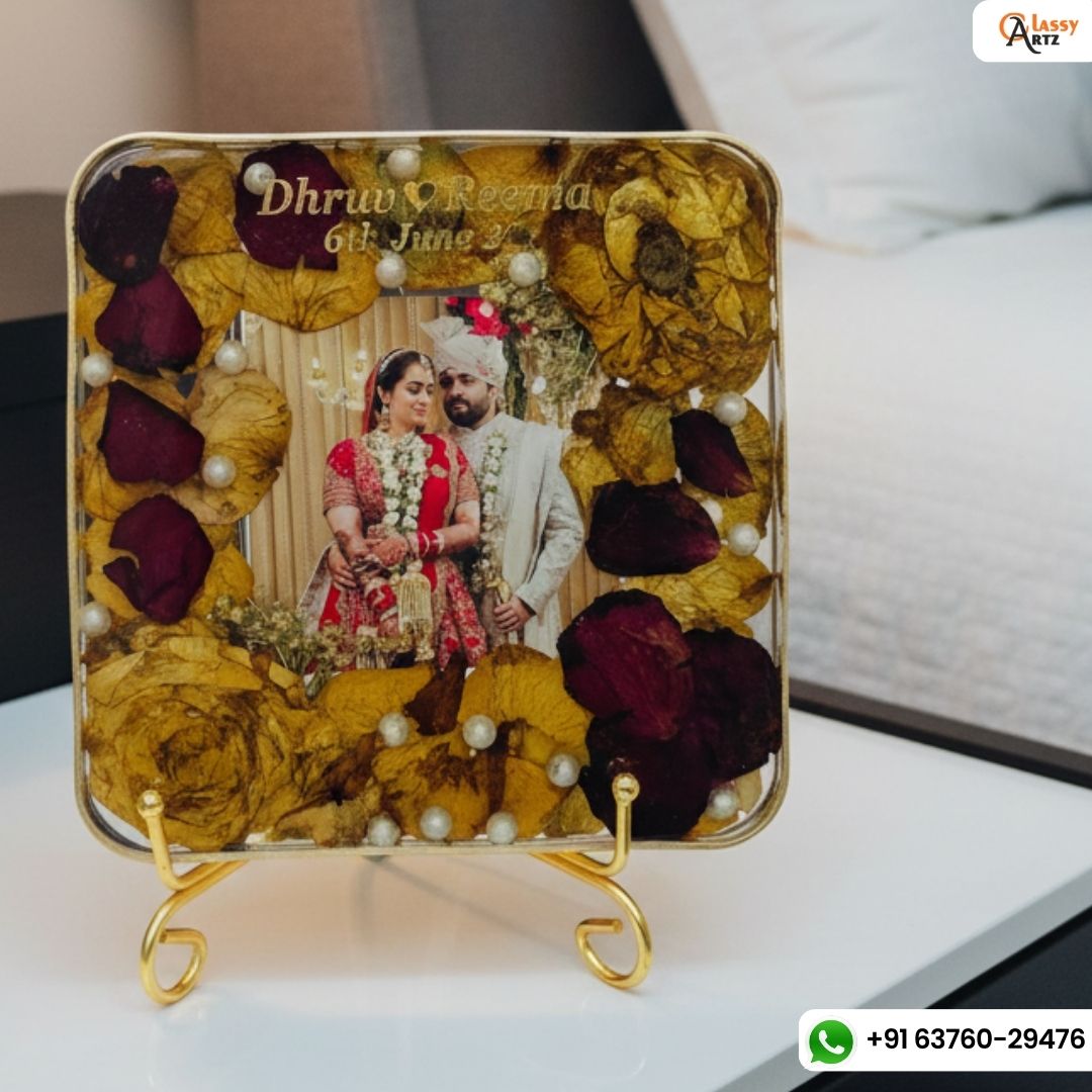 6 inch mini clear varmala block with golden roses, stand