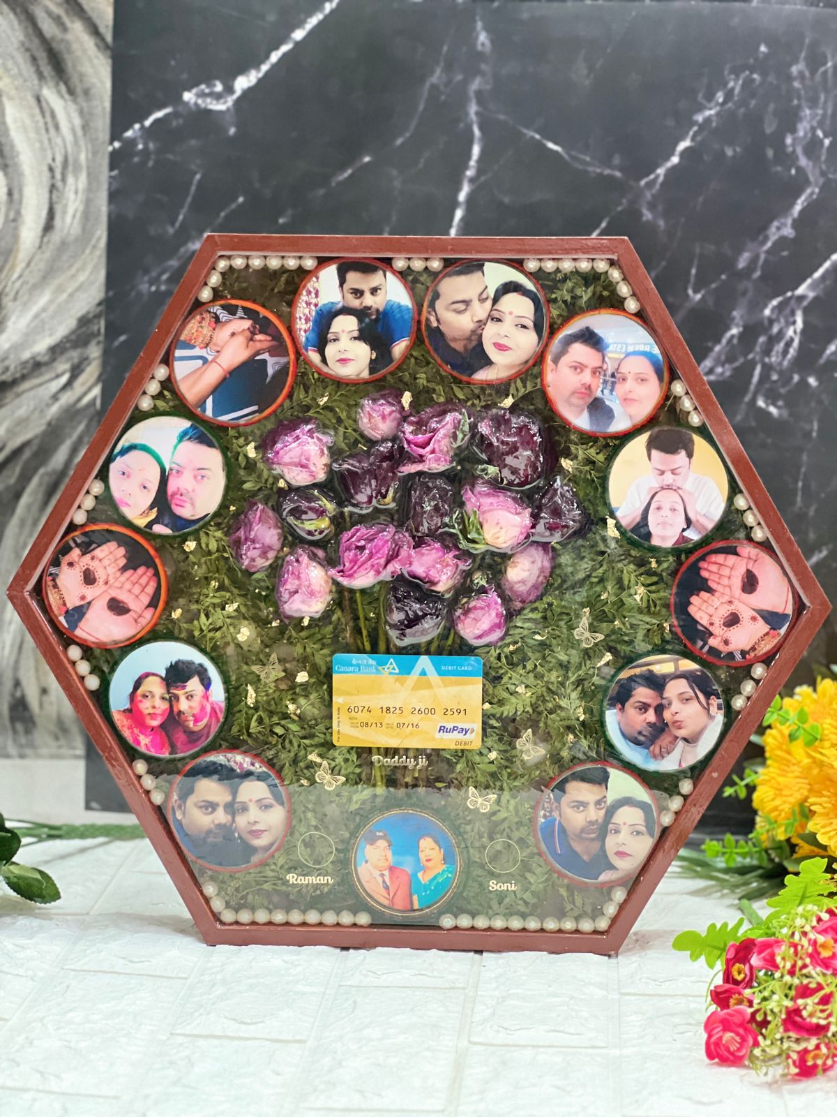 Bouquet and Old Memories Preservation in Hexagonal Wooden Frame
