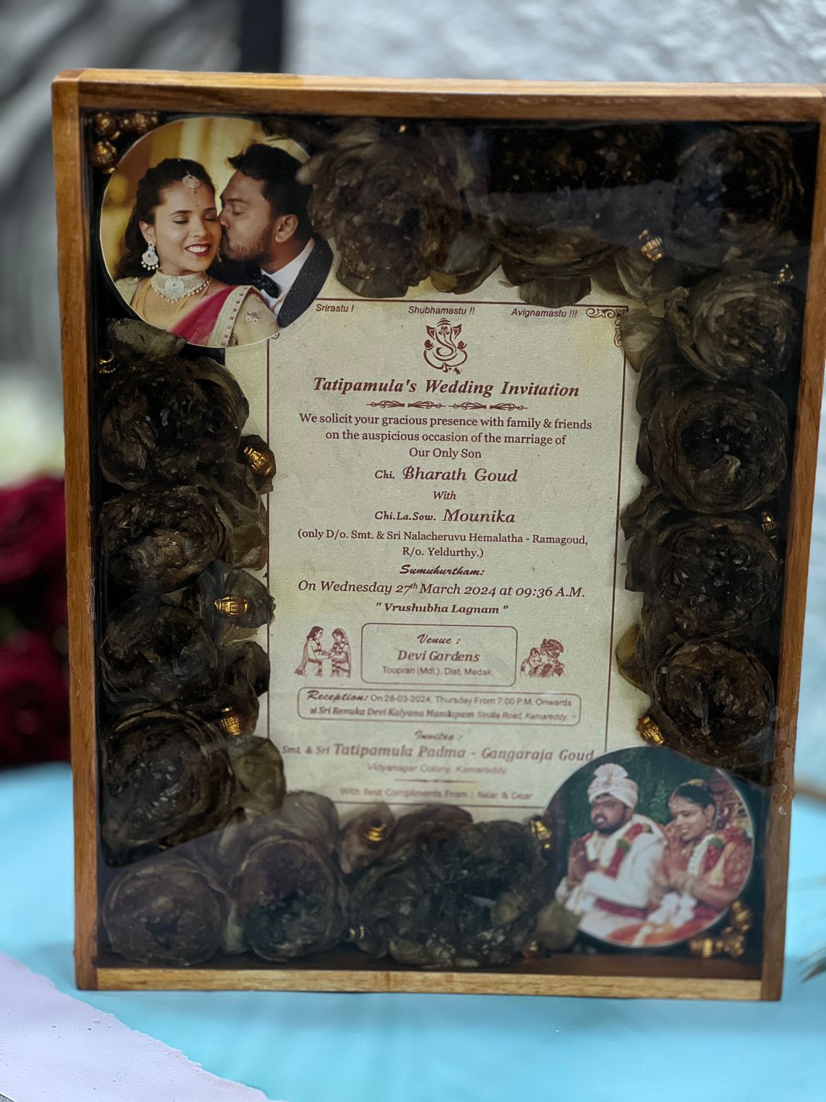 Wedding Card & Garland Preservation in Wooden Resin Frame