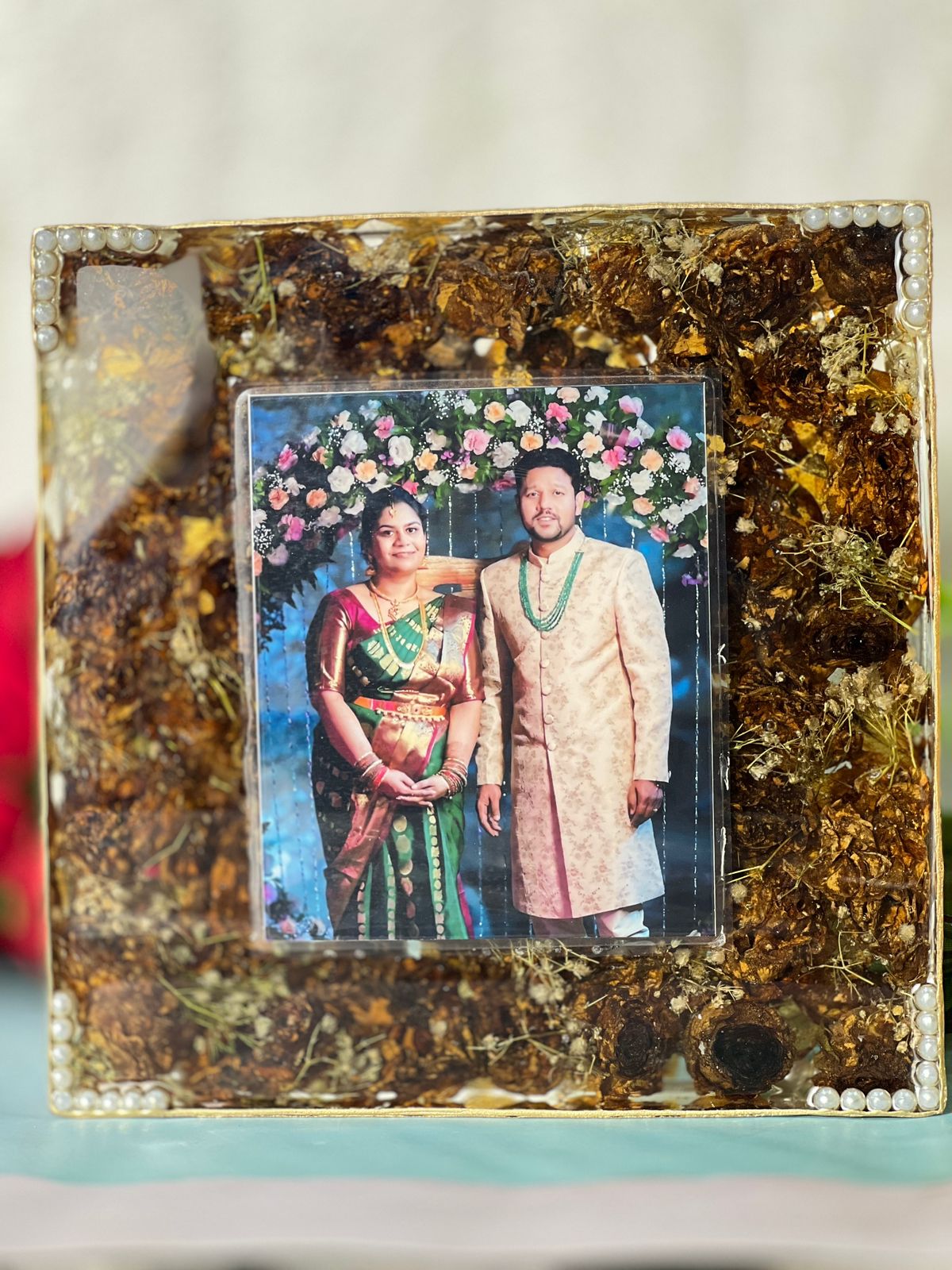 Double Sided Resin Frame with Wedding Card, Couple Photo and Varmala Preservation