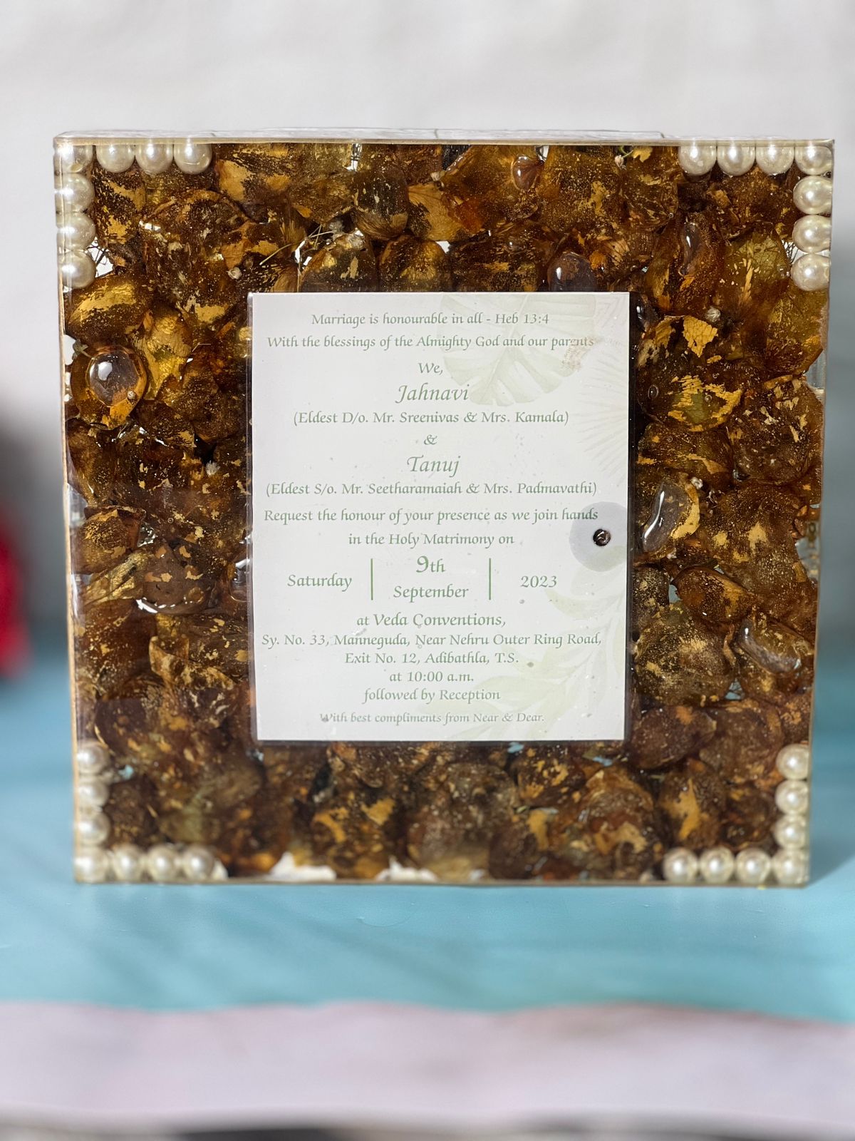 Double Sided Resin Frame with Wedding Card, Couple Photo and Varmala Preservation