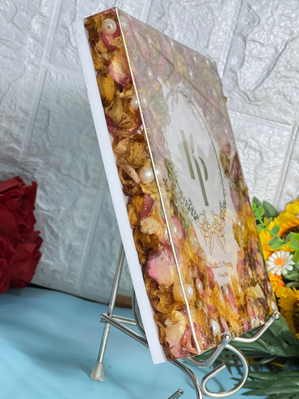 Resin Couple Names & Wedding Date Preservation Frame with Varmala Flowers