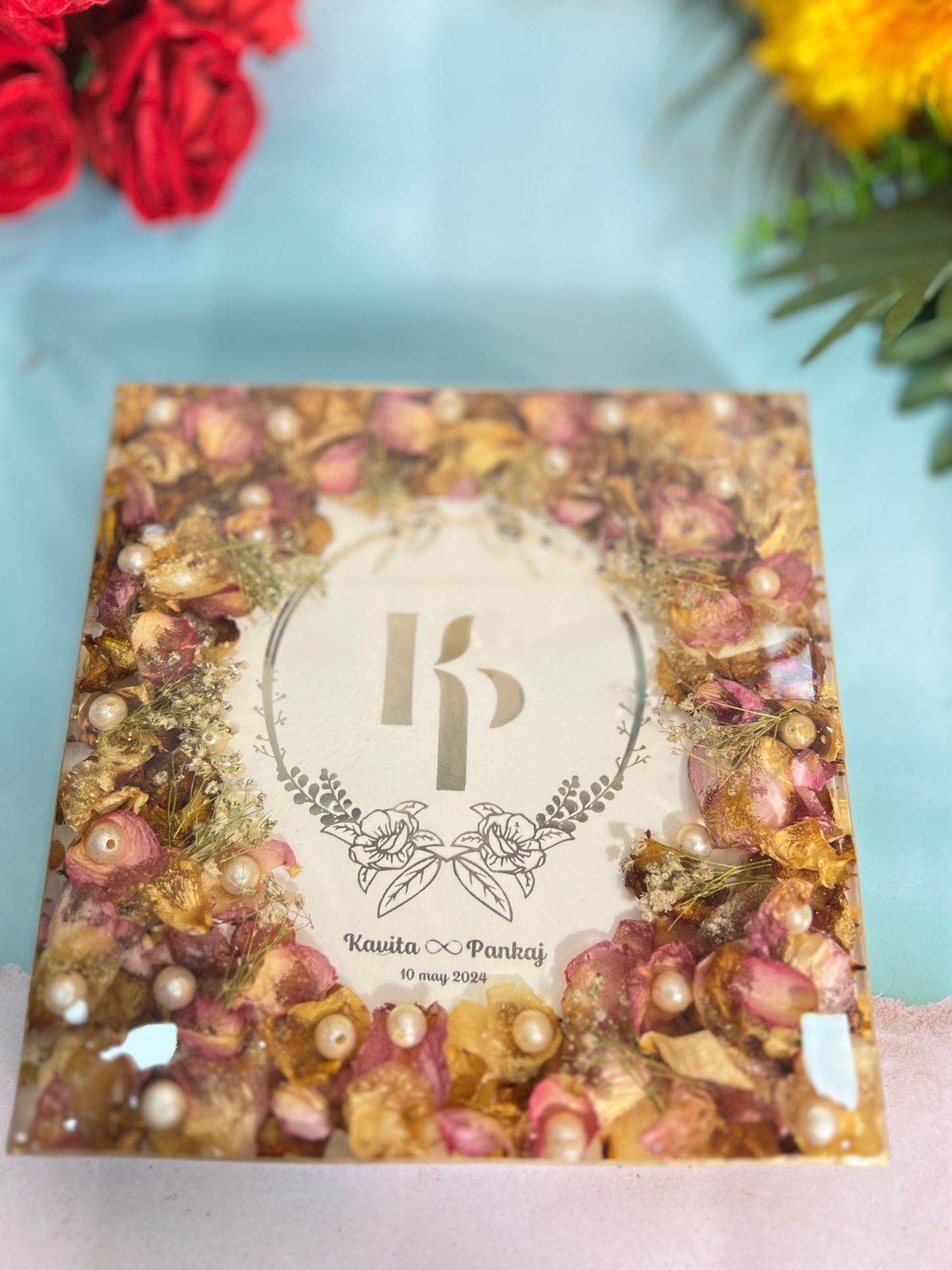 Resin Couple Names & Wedding Date Preservation Frame with Varmala Flowers
