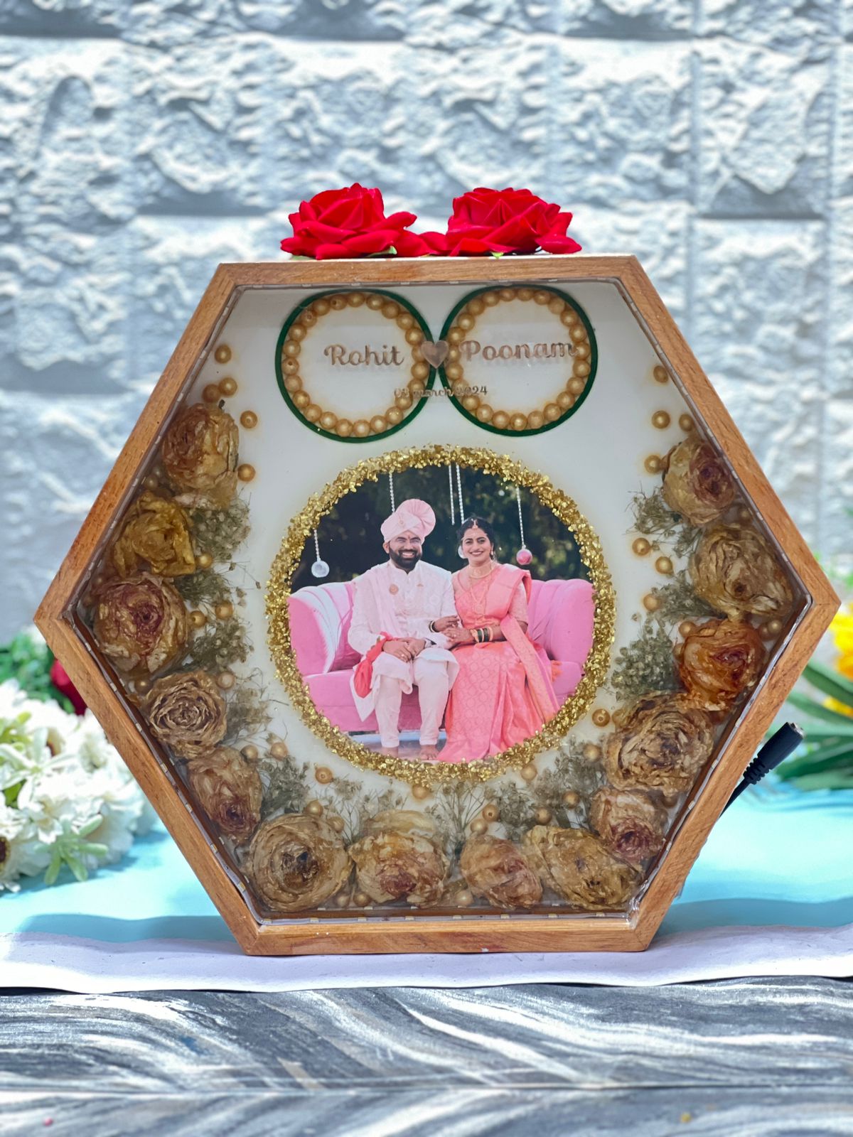 Wooden Hexagonal LED Varmala Preservation Photo Frame