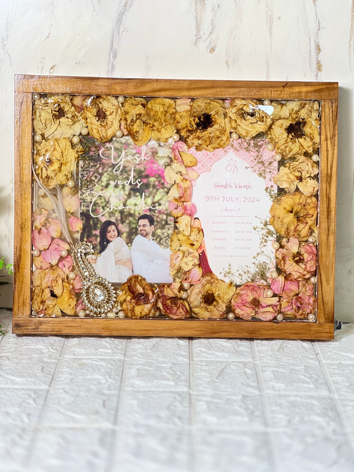 Rectangular LED Varmala Preservation Photo Frame with Couple Photo and Weeding card with kalgi Preserve Varmala