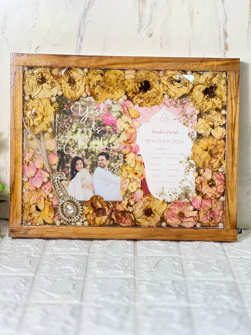 Rectangular LED Varmala Preservation Photo Frame with Couple Photo and Weeding card with kalgi Preserve Varmala