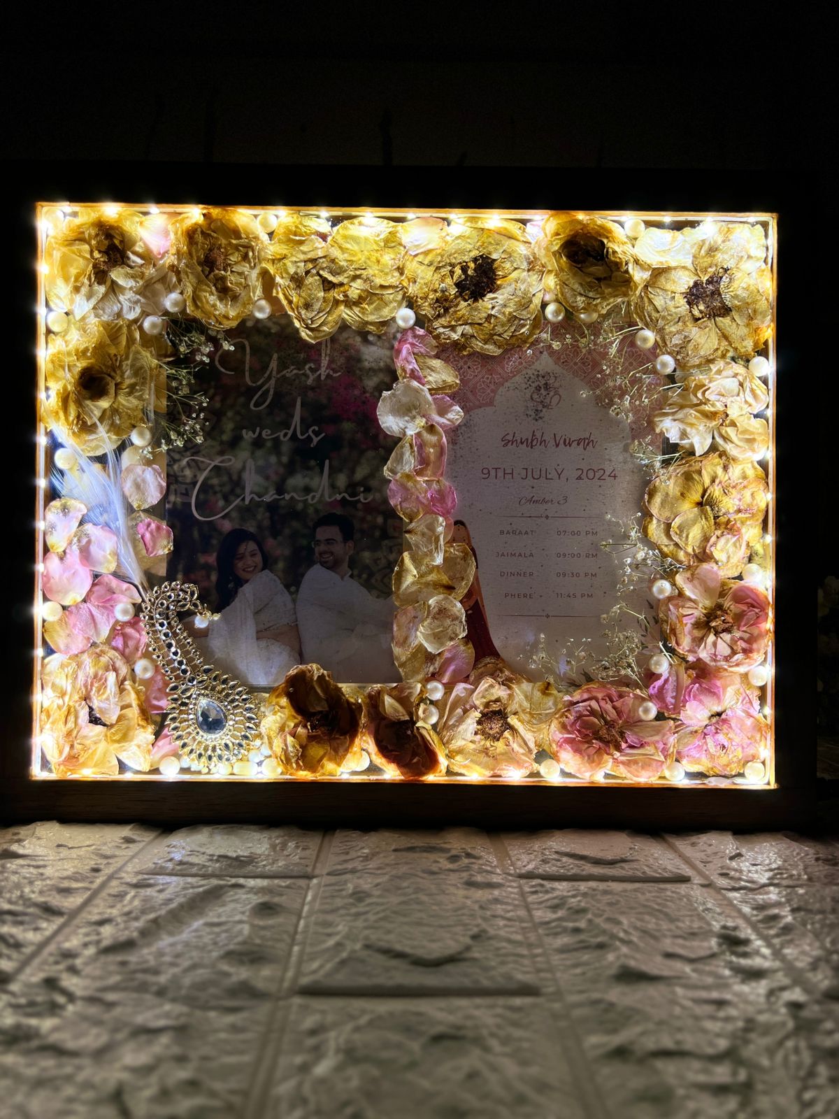 Rectangular LED Varmala Preservation Photo Frame with Couple Photo and Weeding card with kalgi Preserve Varmala
