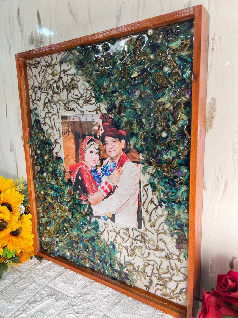 Resin 15by18 inch wooden frame with Orchid Flower and Pearl with Couple photo and name and date Varmala preservation