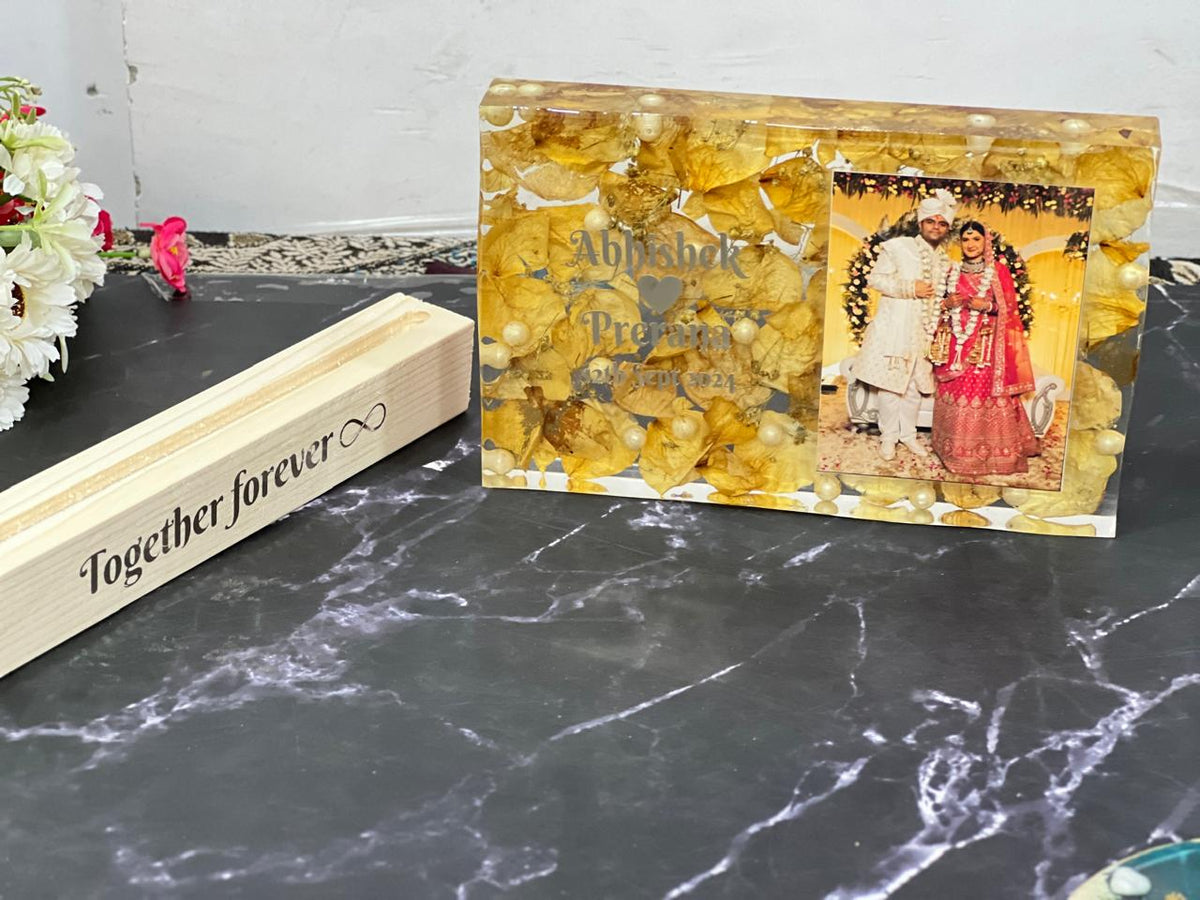 Resin 9 by 6inch Recatngular shape with white petals and couple photo and Name,Date,Hastag, with LED stand Varmala preservation