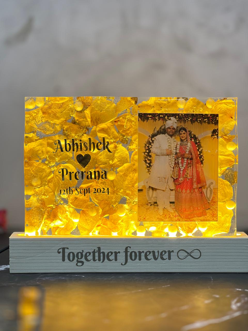 Resin 9 by 6inch Recatngular shape with white petals and couple photo and Name,Date,Hastag, with LED stand Varmala preservation