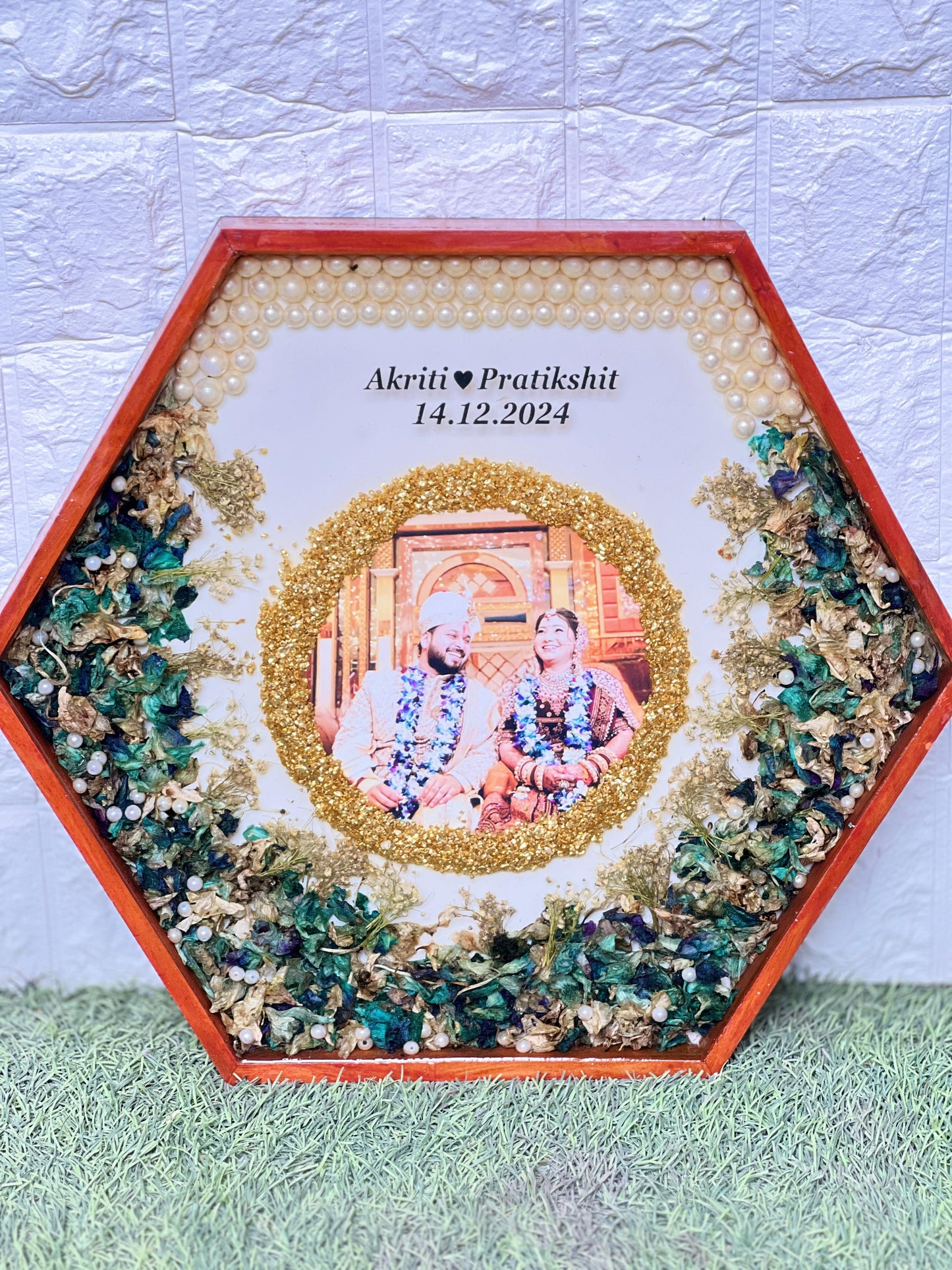 Resin 14inch Hexagonal Frame with Orchid Flowers With name & date with pearls border Varmala Preservation