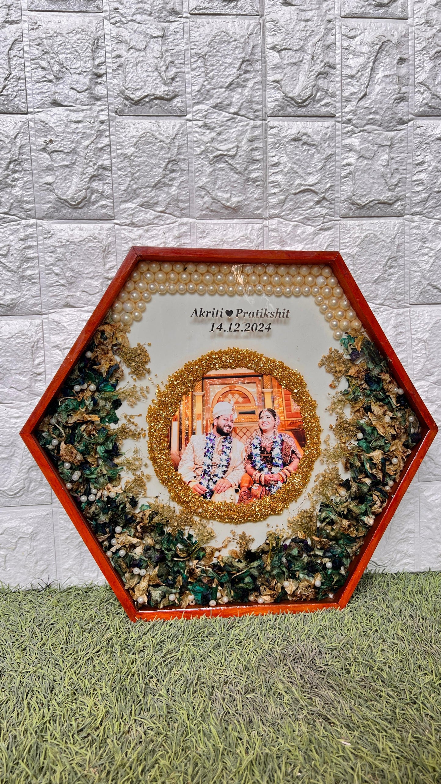 Resin 14inch Hexagonal Frame with Orchid Flowers With name & date with pearls border Varmala Preservation