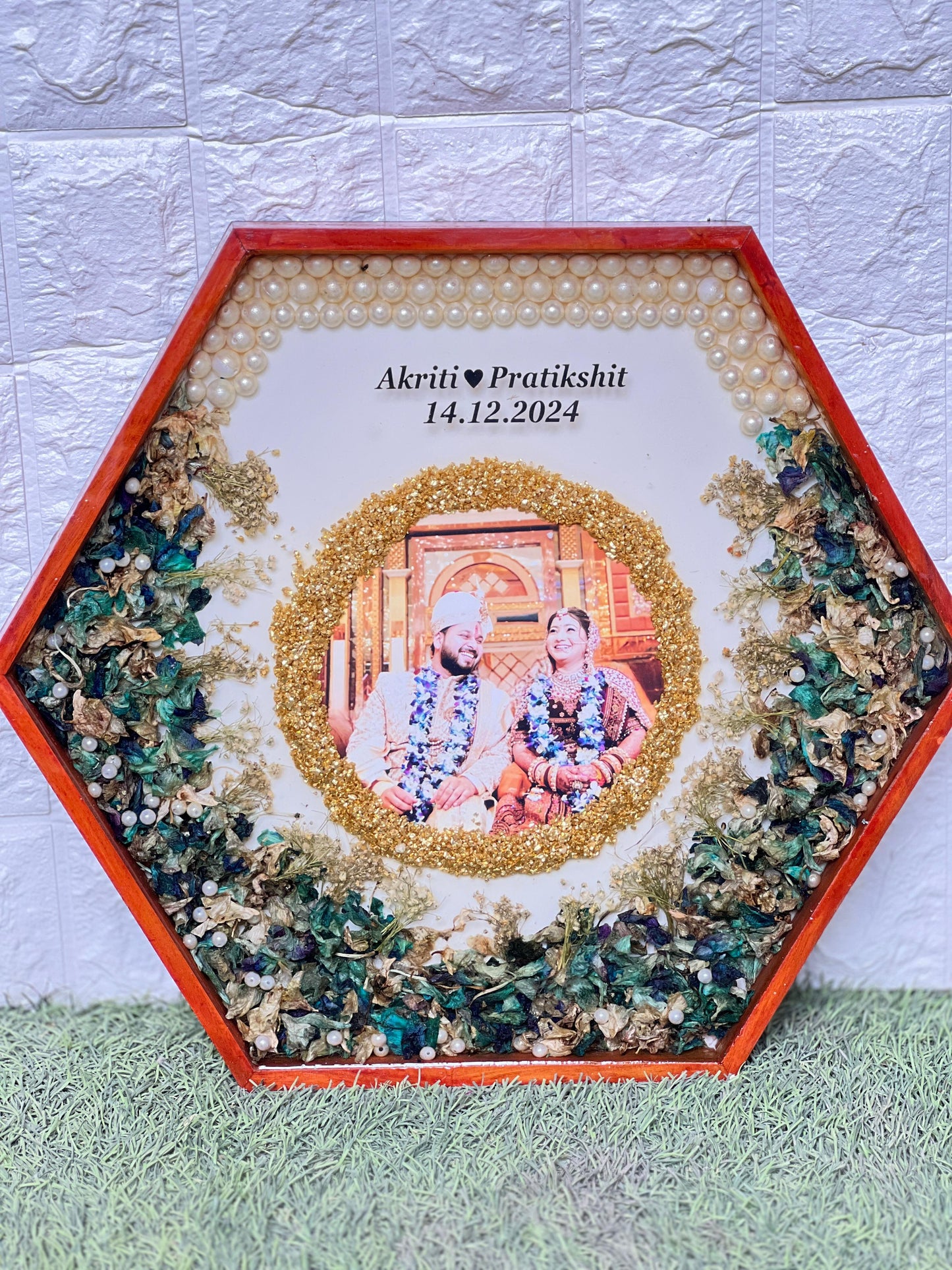 Resin 14inch Hexagonal Frame with Orchid Flowers With name & date with pearls border Varmala Preservation