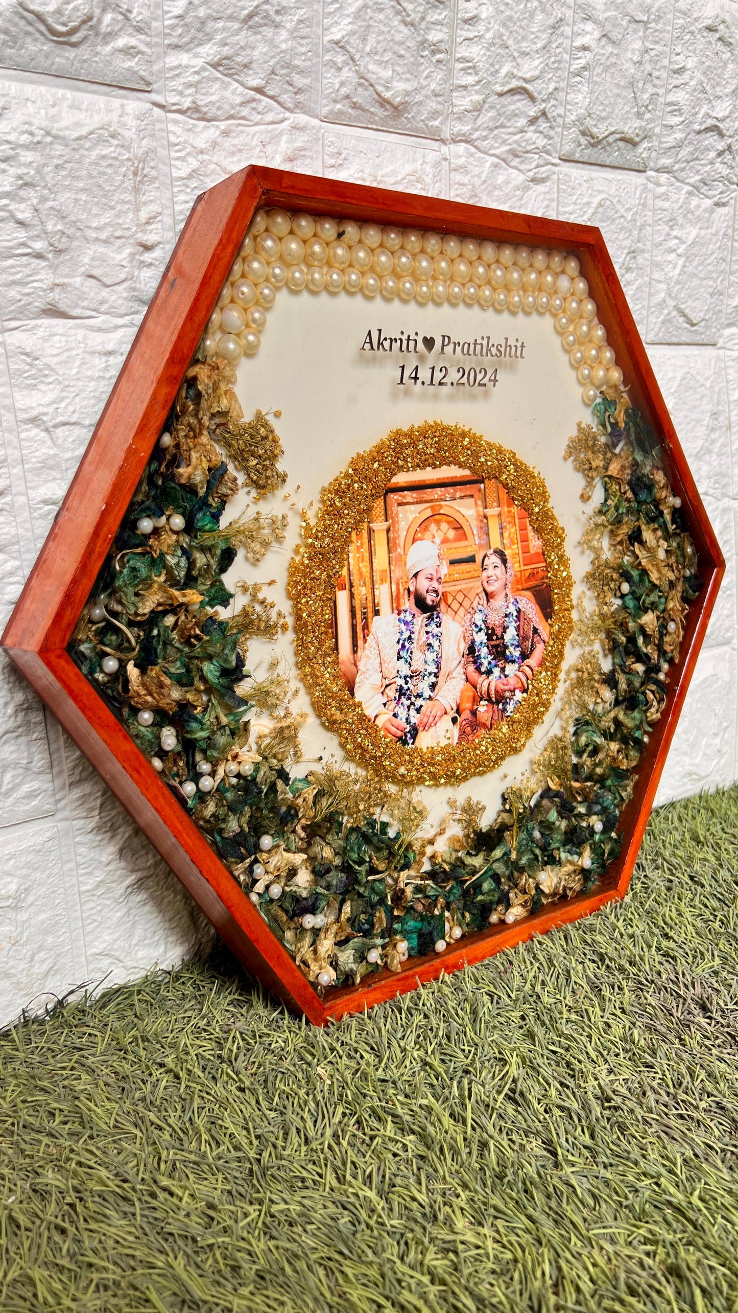 Resin 14inch Hexagonal Frame with Orchid Flowers With name & date with pearls border Varmala Preservation