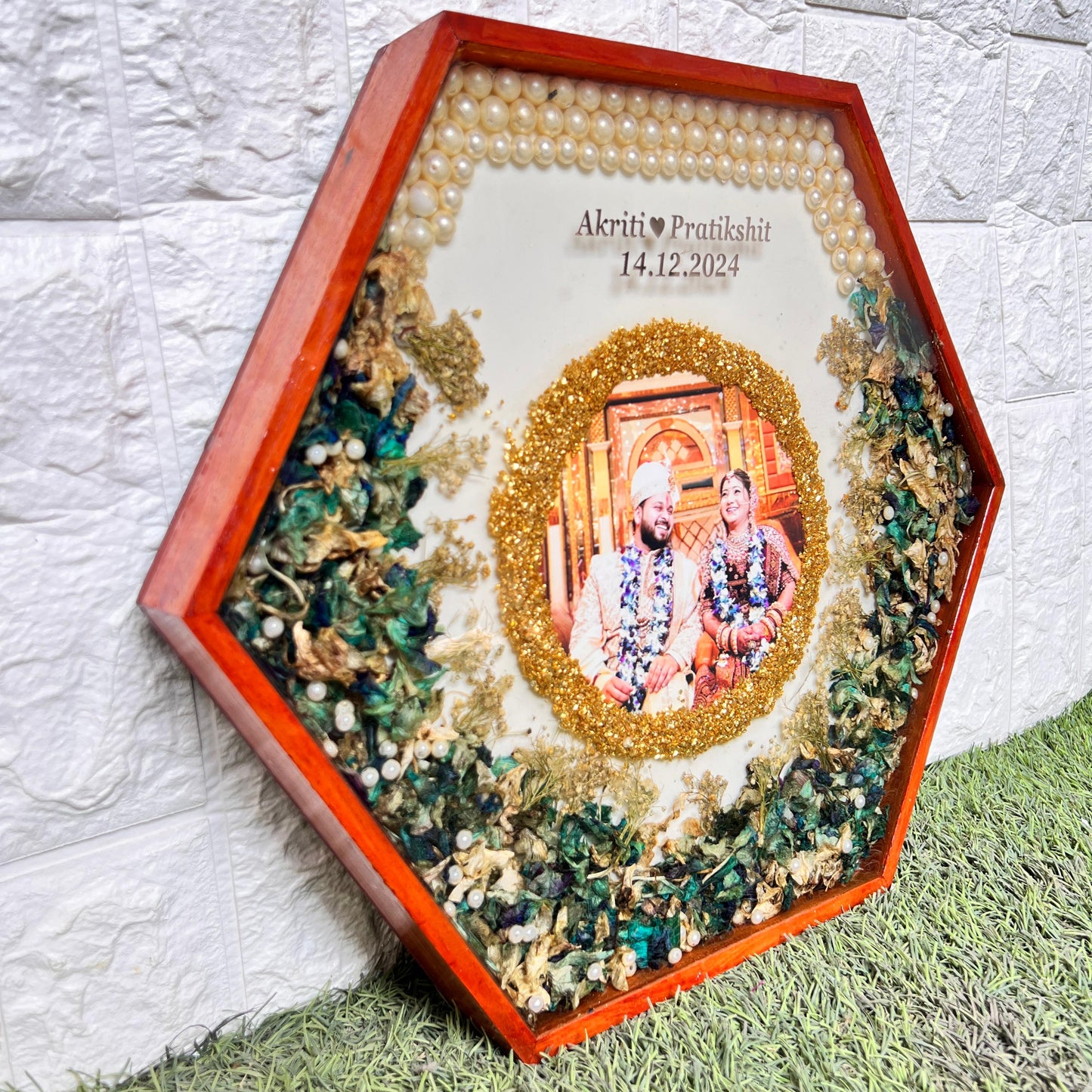 Resin 14inch Hexagonal Frame with Orchid Flowers With name & date with pearls border Varmala Preservation