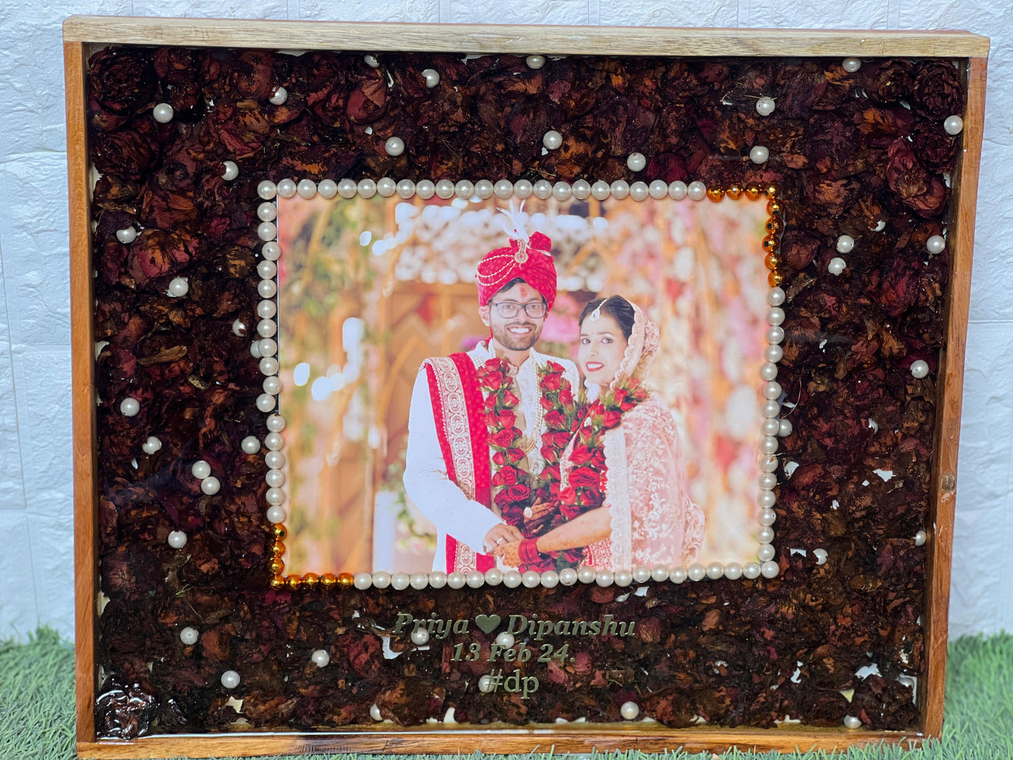 Resin 15 by 18 inch frame with photo name date with Red rose Petals Varmala Preservation