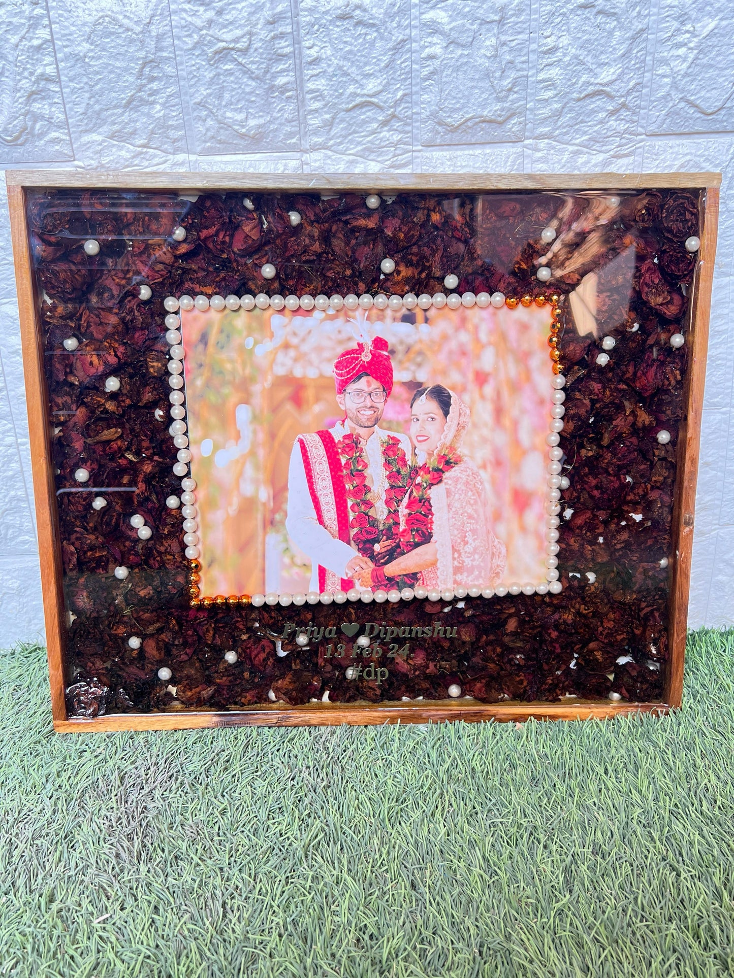 Resin 15 by 18 inch frame with photo name date with Red rose Petals Varmala Preservation