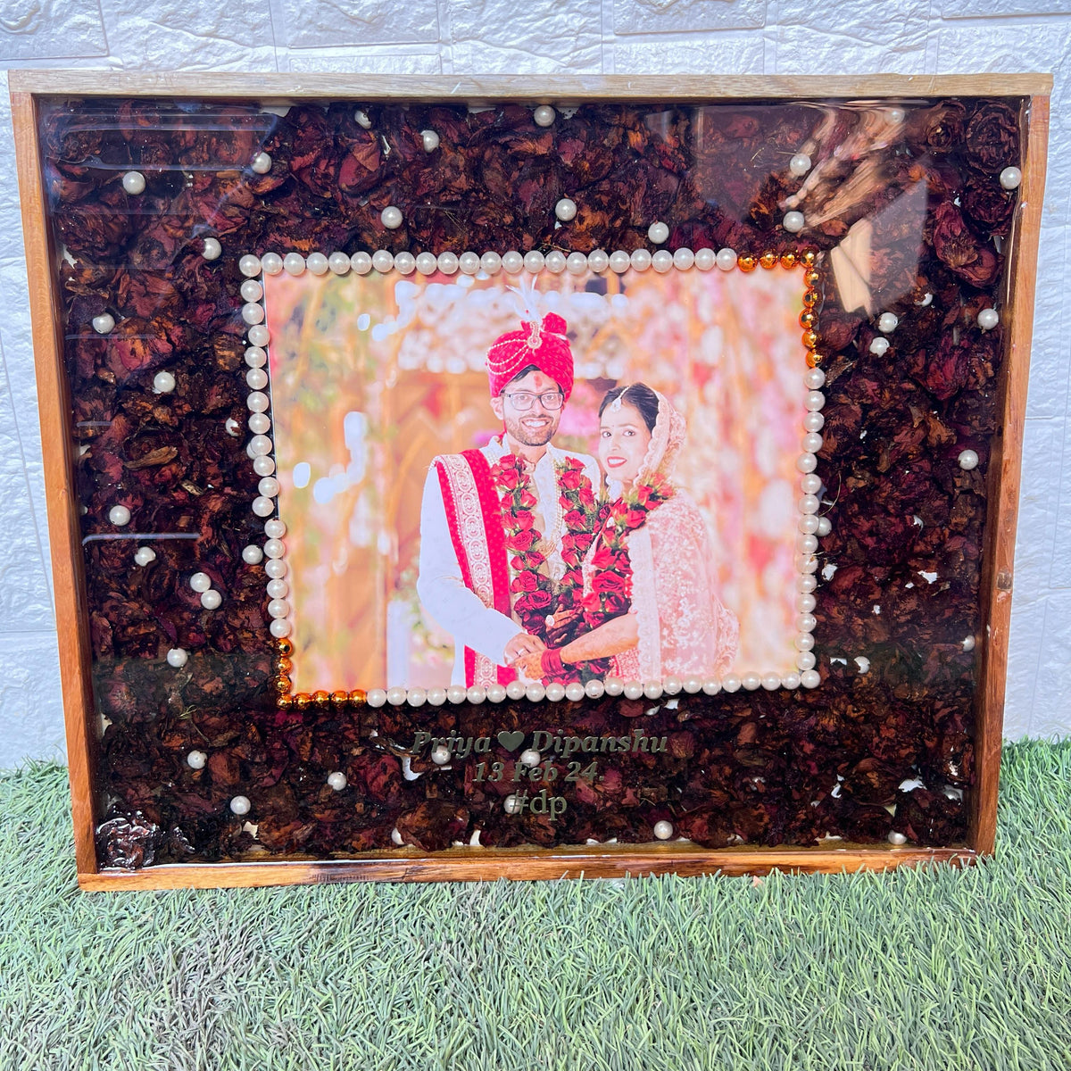 Resin 15 by 18 inch frame with photo name date with Red rose Petals Varmala Preservation