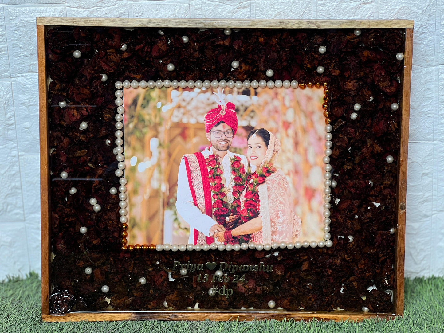 Resin 15 by 18 inch frame with photo name date with Red rose Petals Varmala Preservation