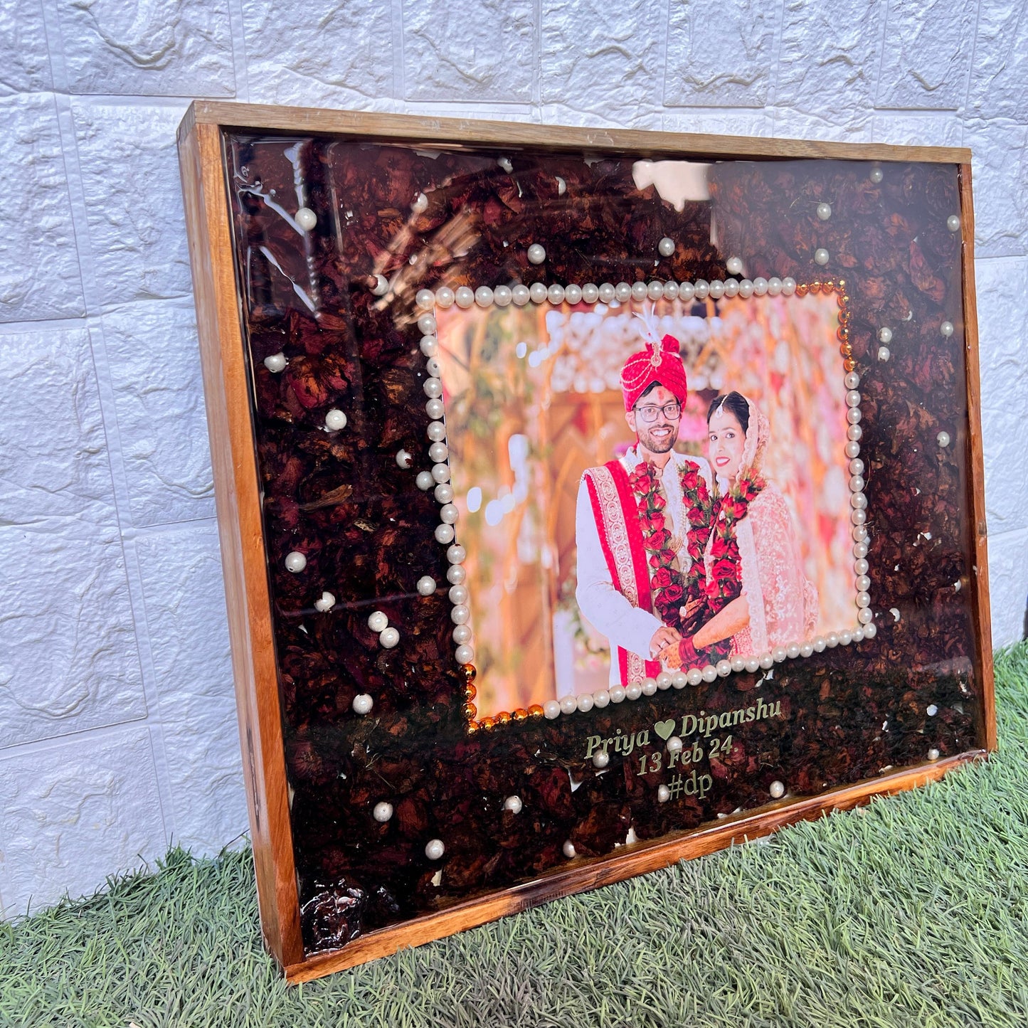 Resin 15 by 18 inch frame with photo name date with Red rose Petals Varmala Preservation