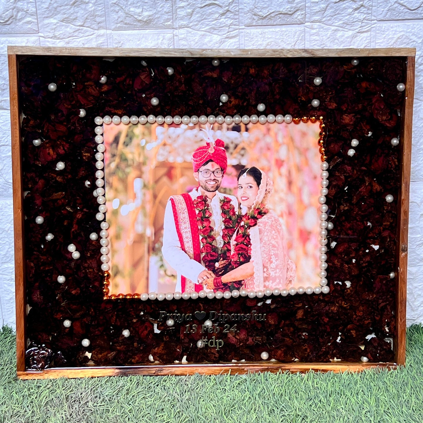 Resin 15 by 18 inch frame with photo name date with Red rose Petals Varmala Preservation
