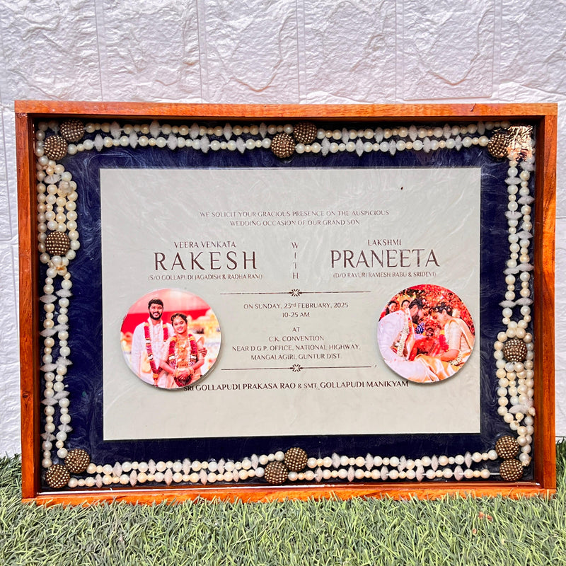 Resin 12 by 16 inch frame With wedding card, 2 photos , camphor mala with wooden frame Varmala Preservation