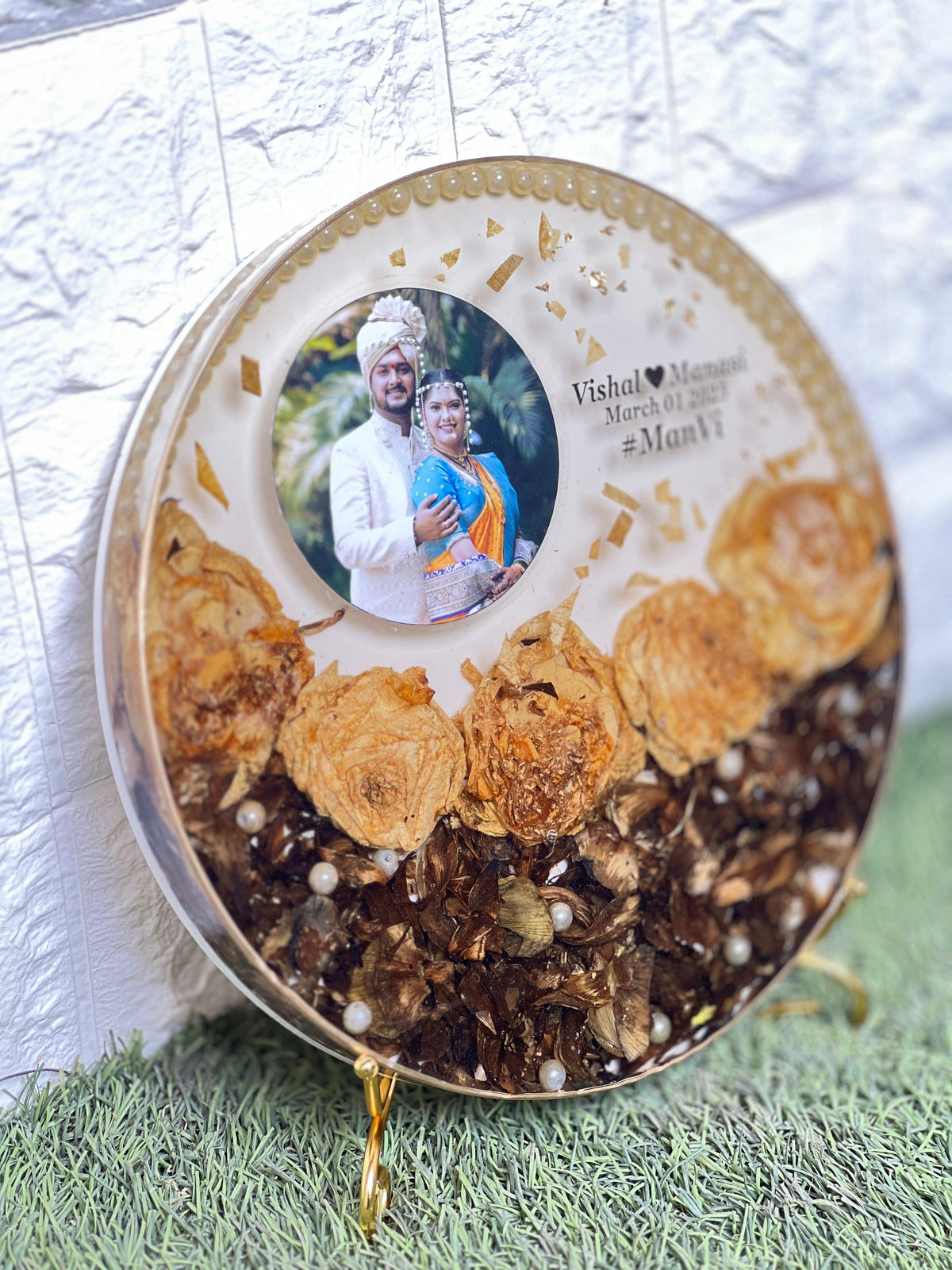 Resin 10 inch frame with half filled with petals one photo name date with metal stand Varmala Preservation