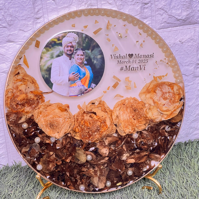 Resin 10 inch frame with half filled with petals one photo name date with metal stand Varmala Preservation