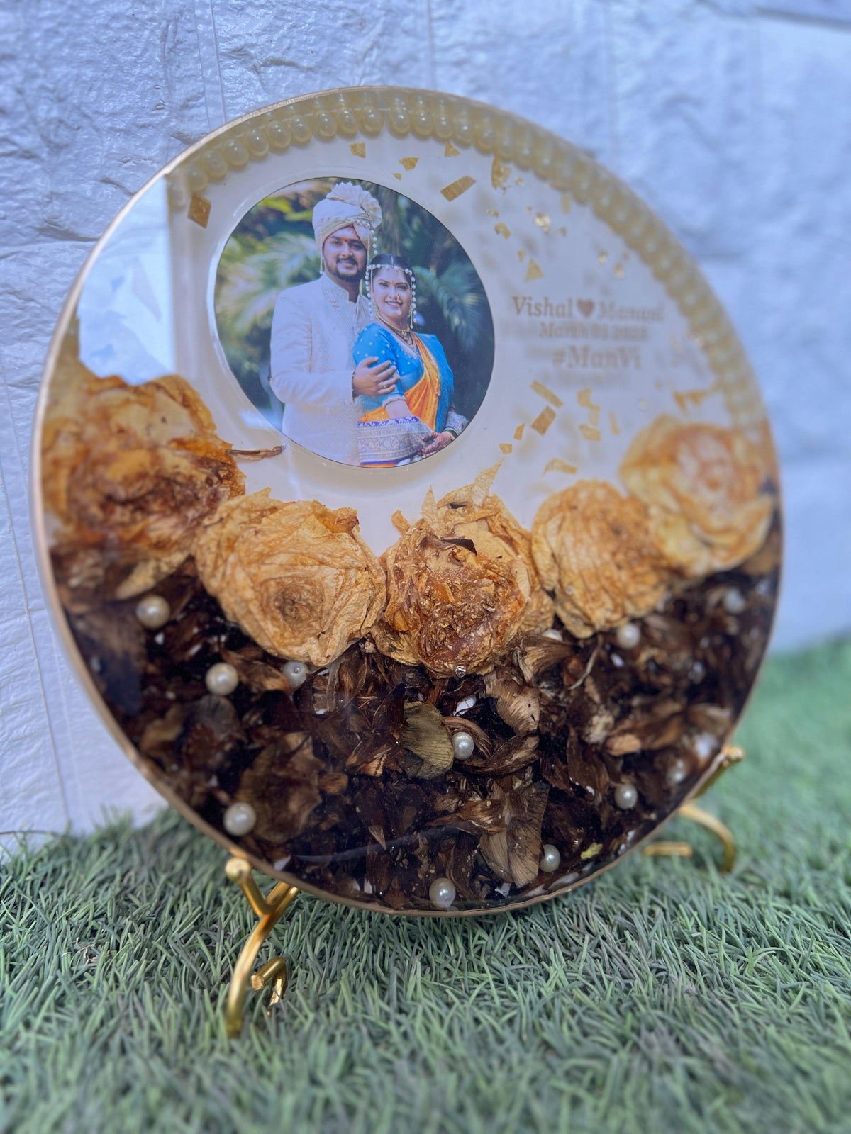Resin 10 inch frame with half filled with petals one photo name date with metal stand Varmala Preservation