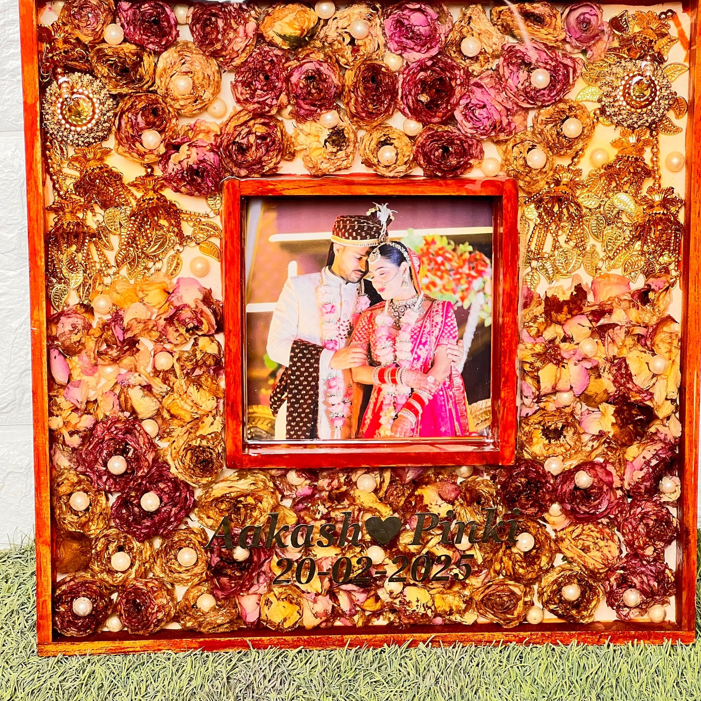 Resin 16 by 16 inch double frame with Keleera , Flowers , with couple Photo & Name Varmala Preservation