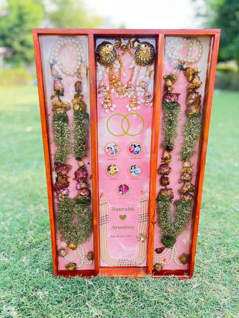 Resin Full Varmala Preservation with Couple Photo & Name date with Kantha & Keleera Varmala Preservation