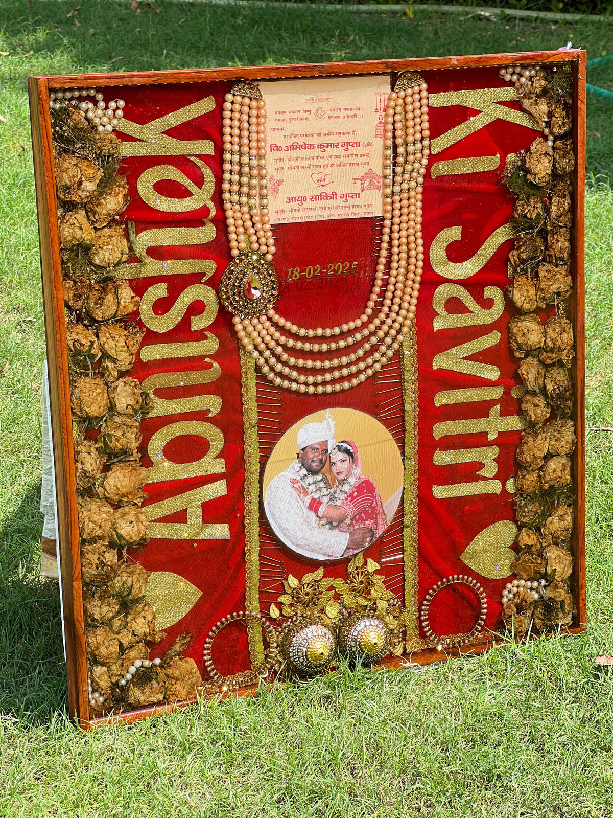 Resin 22×24 inch teakwood frame with Red dupatta . wedding card . Kantha , Kaleera , Chuda with Couple photo , Full stuff & Full Varmala Preservation