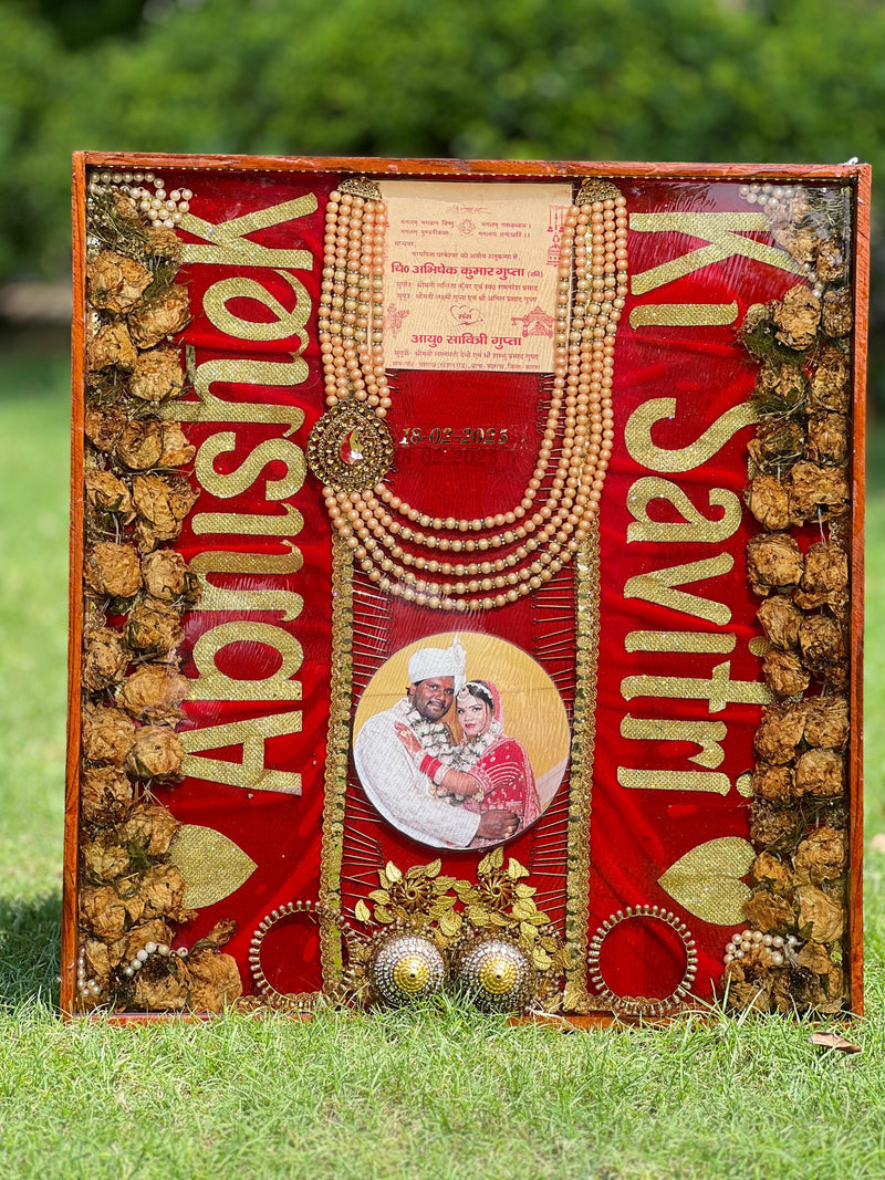 Resin 22×24 inch teakwood frame with Red dupatta . wedding card . Kantha , Kaleera , Chuda with Couple photo , Full stff & Full Varmala Preservation