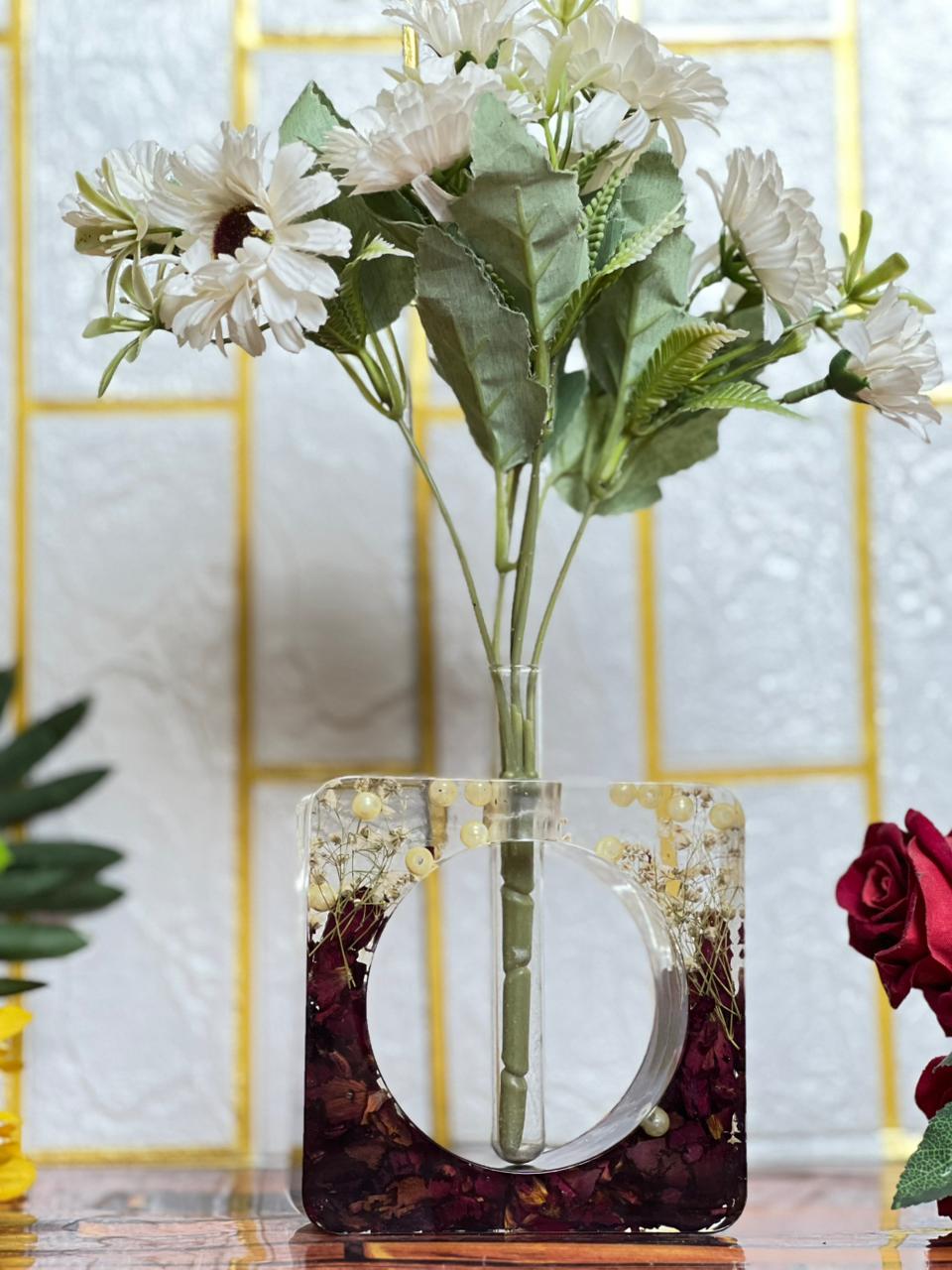 Resin Red roses petals squre shape Plantter with Pearls Flowers Preservation