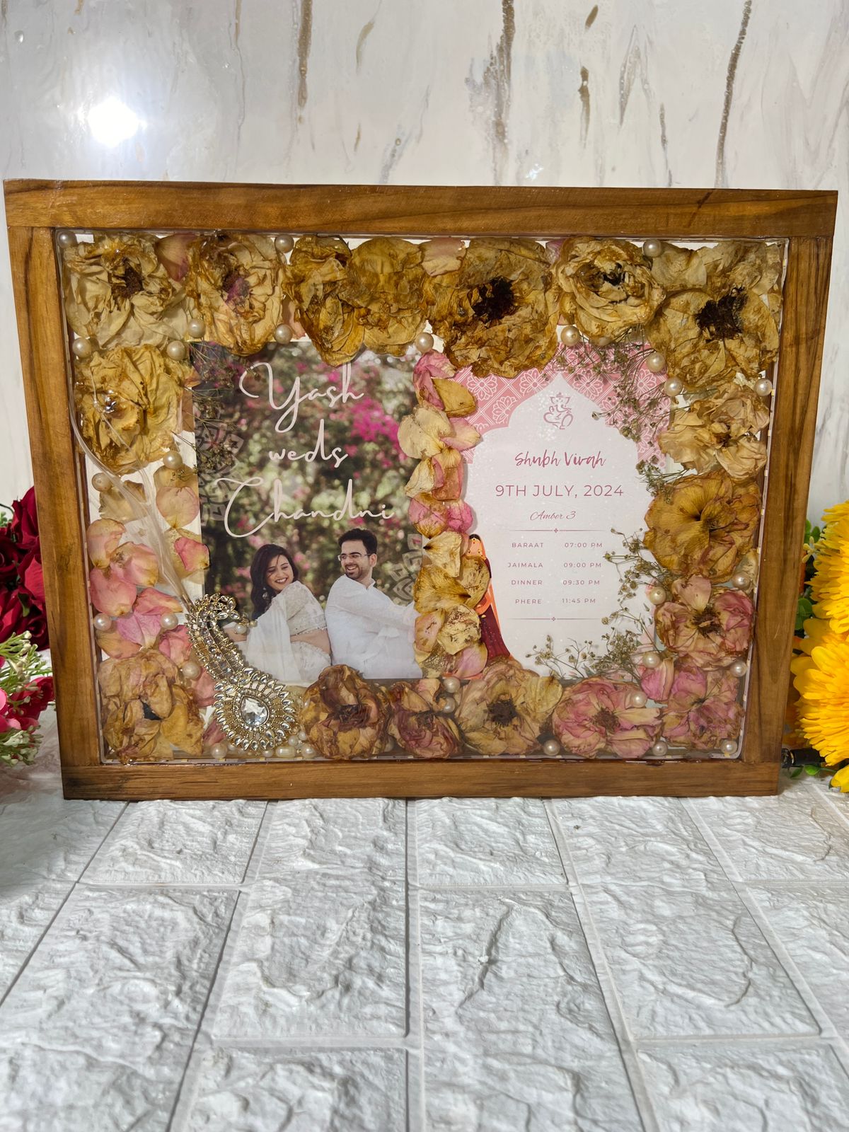 Rectangular LED Varmala Preservation Photo Frame with Couple Photo and Weeding card with kalgi Preserve Varmala