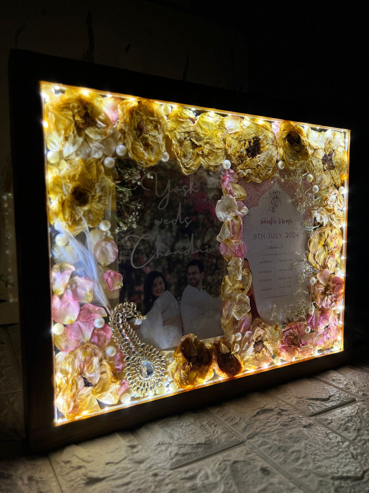 Rectangular LED Varmala Preservation Photo Frame with Couple Photo and Weeding card with kalgi Preserve Varmala