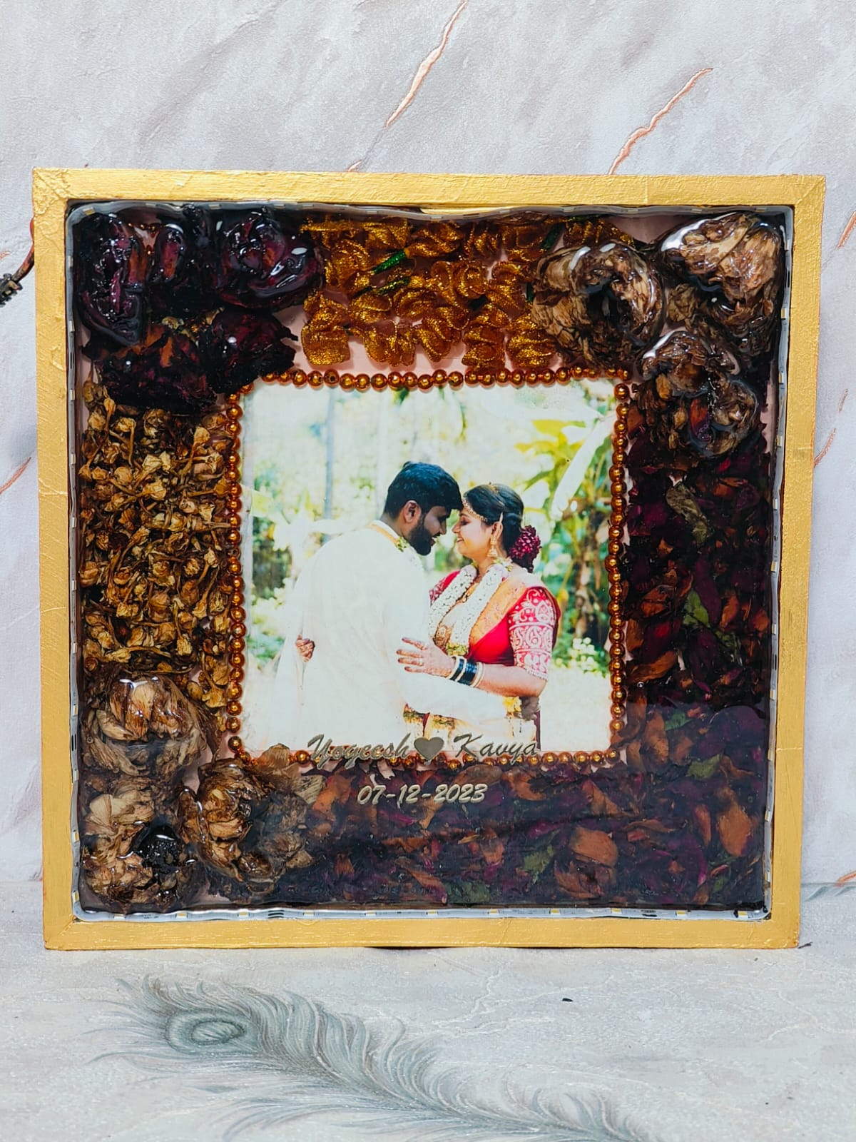 Wedding Photo Preservation with Varmala Flowers | 10-Inches Wooden Frame