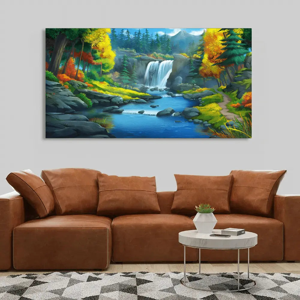 beautiful scenery of water fallin forest canvas wall paintings