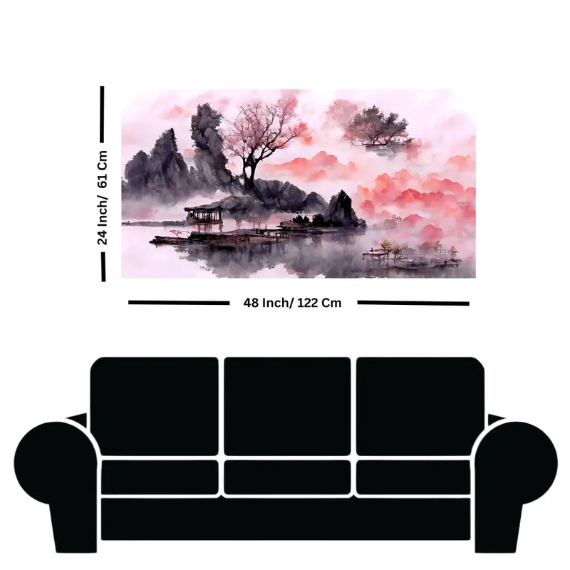 Auspicious Lake View Watercolor Premium Canvas Wall Painting