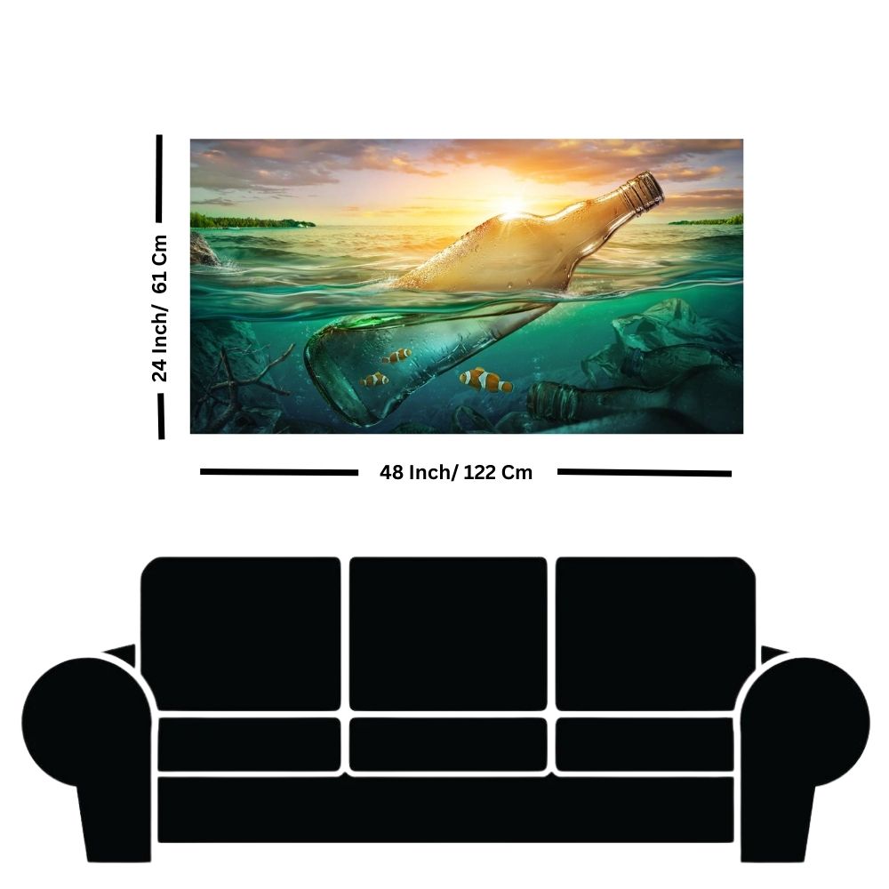 Bottle and Sunset Ocean Pollution Canvas Wall Painting