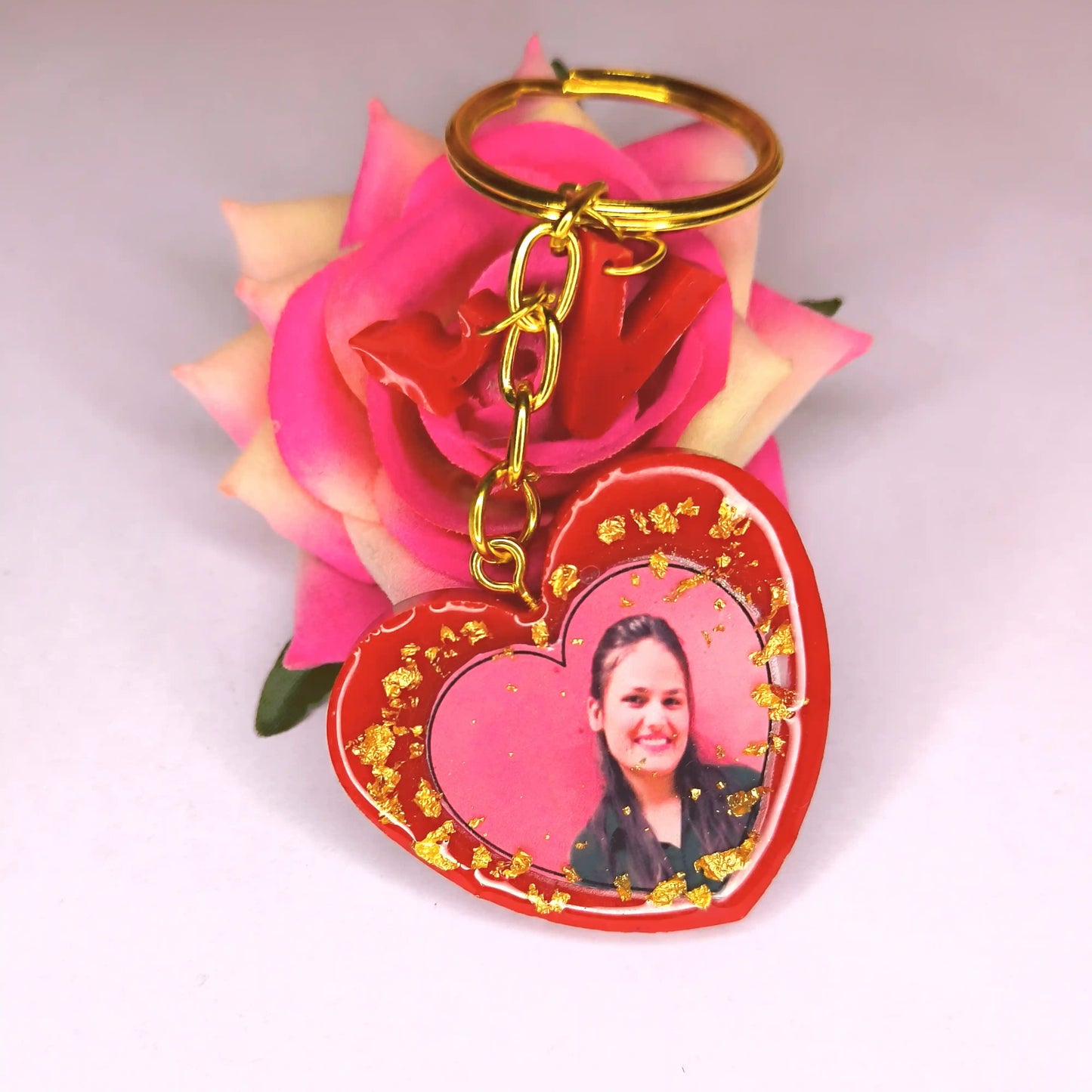 Heart-Shaped Photo Resin Keychains With Personalized Monogram for Girlfriend