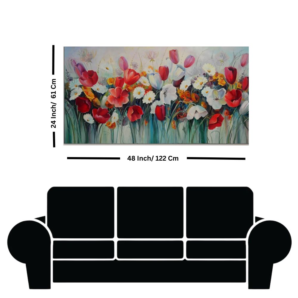 Tulips and Daisies Floral Canvas Painting in Red, White & Orange