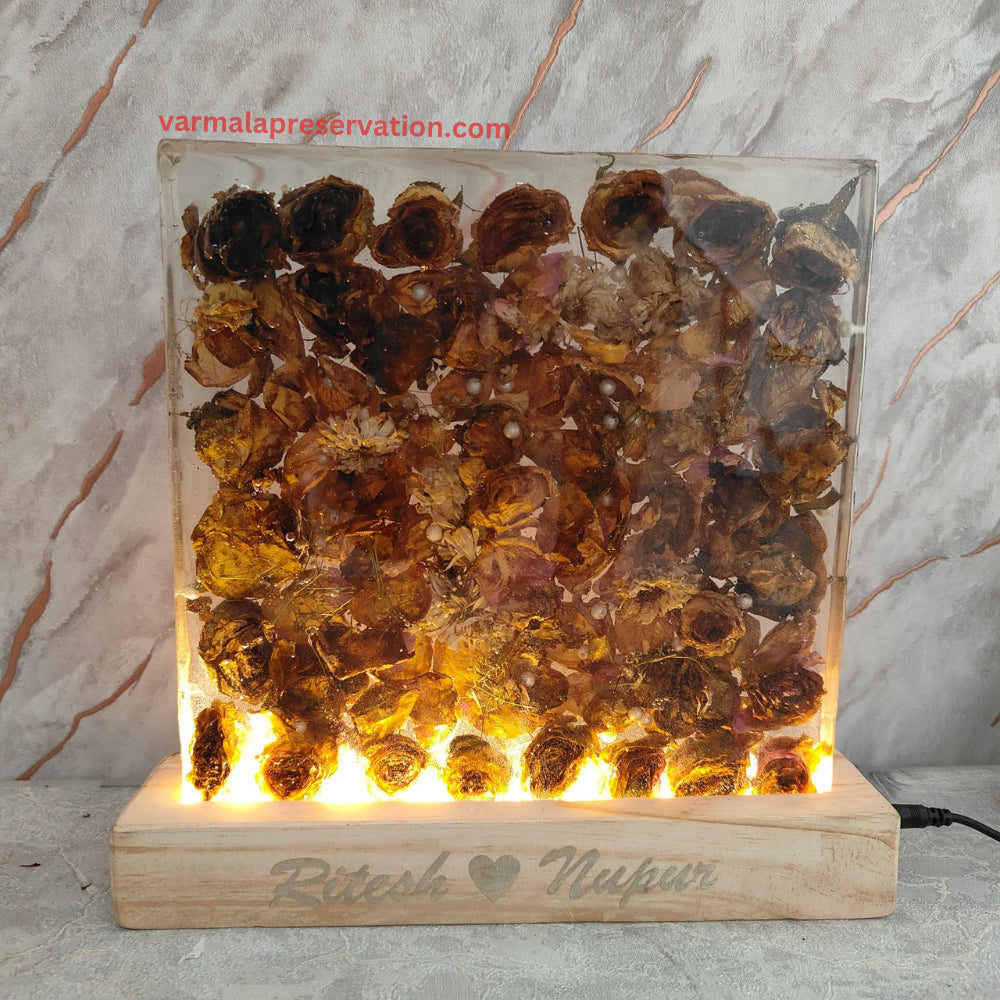 10 Inch Varmala Flower Preserved LED Lamp | Epoxy Resin Night Lamp | Wedding Varmala Keepsake with Pinewood Stand